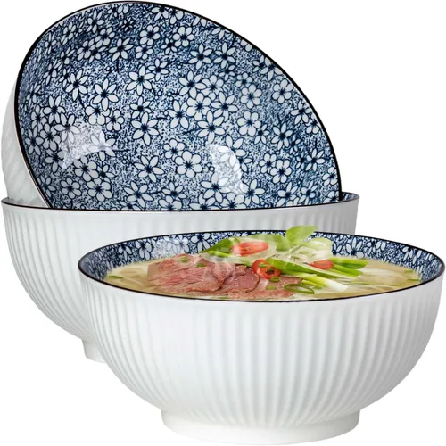 Miniatura 13 de QINLANG Juego de 3 cuencos grandes de sopa Pho & Ramen, 60 onzas, cuencos grandes de porcelana azul y blanca, patrón a rayas