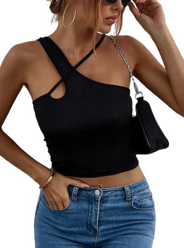Miniatura 3 de Remidoo Top corto sexy con tirantes asimétricos y corte de punto acanalado para mujer