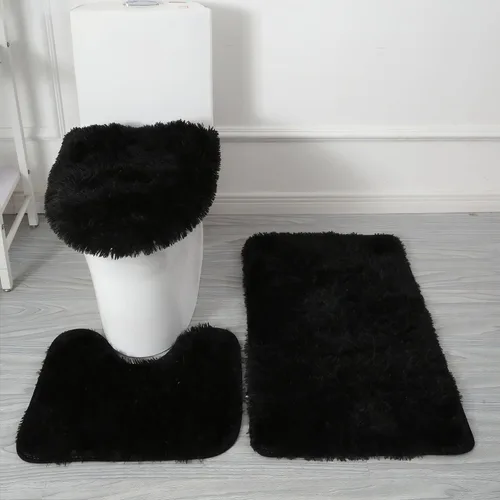 Juego de alfombras de baño negras de 3 piezas, alfombra de baño sólida, alfombra de ducha lavable con contorno en forma de U, cubierta para tapa de