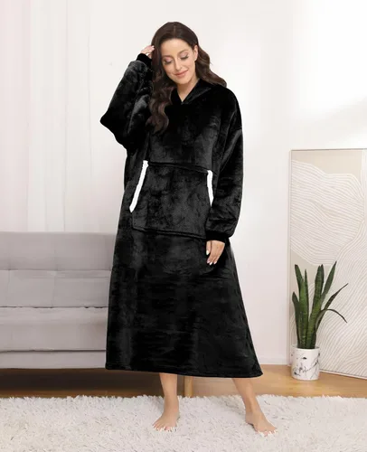 Miniatura 3 de Sendowtek Manta Vestible para Mujeres y Hombres, Sudadera Larga Sherpa con Capucha y Bolsillo Grande, Manta con Capucha Cómoda de Gran Tamaño, Negro