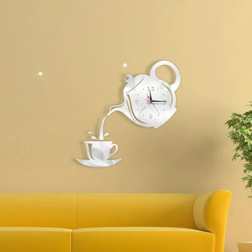 Miniatura 5 de Kit de reloj de pared sin marco, silencioso, sin tictac, grande, 3D, moderno, creativo, tetera, con espejo, calcomanías de número para sala