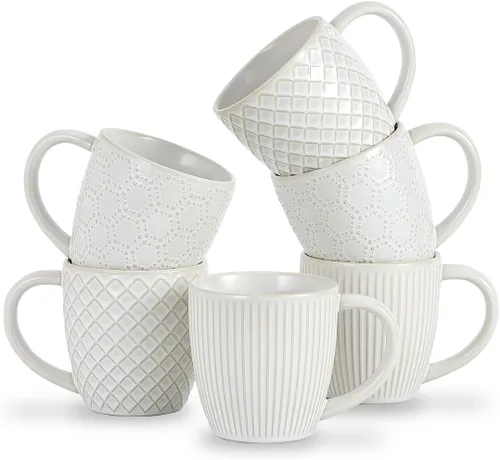 Tazas de café de cerámica en relieve de 14 onzas, juego de 6, tazas de café de cerámica con textura artesanal, aptas para microondas y lavavajillas,