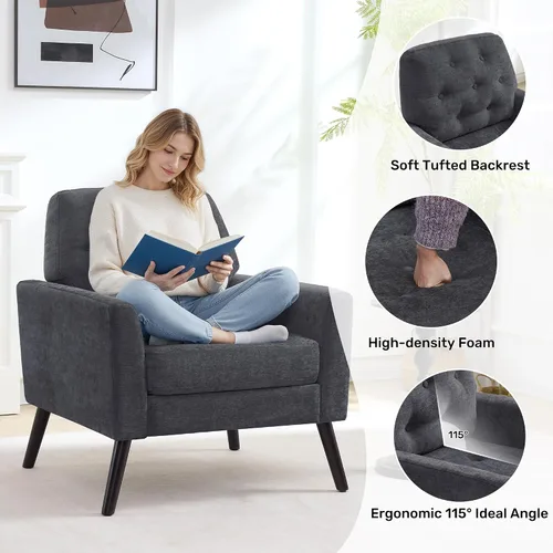 Miniatura 5 de Silla decorativa para sala de estar, silla de lectura moderna de mediados de siglo, sillón tapizado con respaldo copetudo y patas de madera, sofá