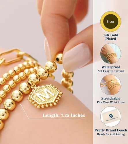 Miniatura 5 de doubgood - Pulseras de cuentas doradas para mujer, apilables, elásticas, chapadas en oro auténtico de 14 quilates, con dije de letras