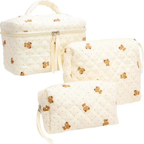 Miniatura 24 de PAZIMIIK - Bolsa de maquillaje de algodón para mujer, grande, acolchada para viaje, Rosa (Bow Pink), Vintage