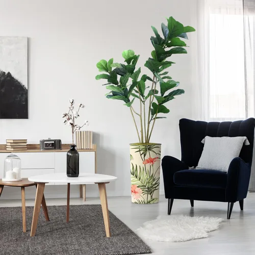 Miniatura 30 de Árbol artificial en macetero contemporáneo con patrón de margaritas, árbol de seda falso Ficus Lyrata para decoración del hogar en interiores