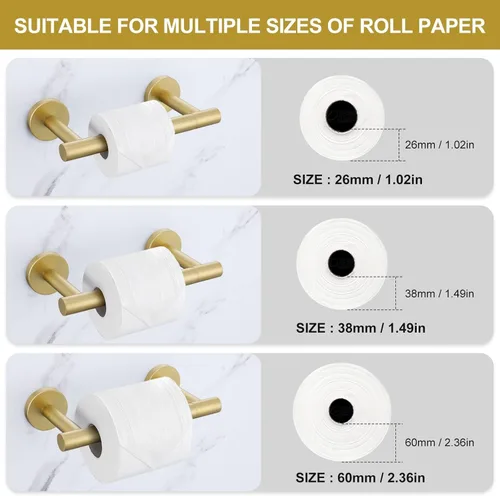 Miniatura 5 de Soporte de papel higiénico dorado cepillado para montaje en pared, soporte de rollo de papel higiénico grande de doble base, accesorios de acero