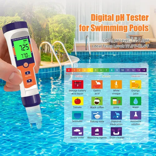 Miniatura 4 de Probador digital de sal de piscina 7 en 1 pH, ORP, salinidad, TDS, EC, medidor de temperatura para piscinas de agua salada, jacuzzis, spas