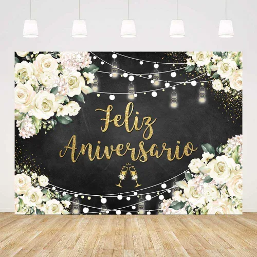 AIBIIN Telón de fondo de feliz aniversario de 8 x 6 pies con temática mexicana, decoraciones de feliz aniversario, flores blancas, fondo de