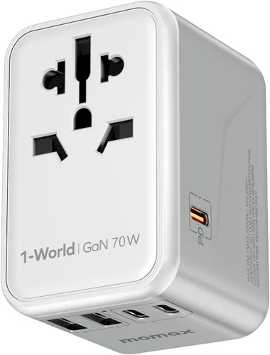 MOMAX Adaptador de viaje universal 6 en 1, adaptador de corriente internacional GaN 70W, 3 USB-C PD de carga rápida y 2 USB-A QC, 1 AC, adaptador de