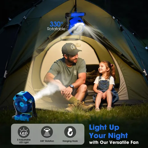 Miniatura 4 de Ausic Ventilador de camping portátil de niebla, ventilador de enfriamiento al aire libre de 8 pulgadas con luz LED, espray de agua, gancho