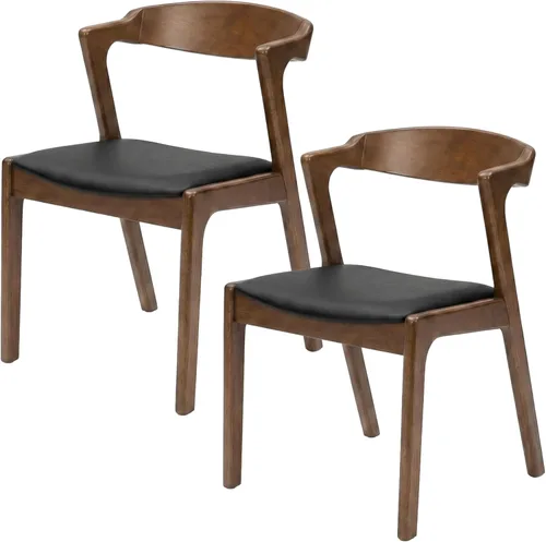 Silla de comedor de cuero sintético negro de madera maciza, juego de 2, estilo moderno de mediados de siglo, marrón nogal, altura del asiento 18