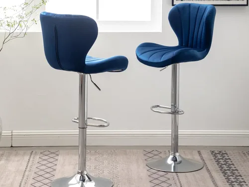 Shell - Juego de 2 taburetes de bar giratorios ajustables con chasis plateado, silla de bar de terciopelo con respaldo medio, taburete de encimera
