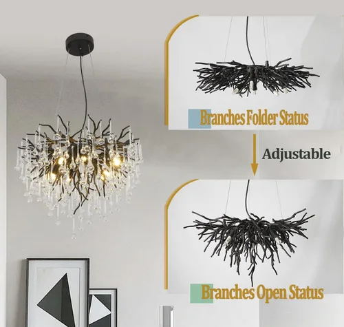 Miniatura 3 de Lámpara de araña grande de cristal ovalada de 60 pulgadas, lámpara colgante de gota de lluvia estilo rama negra y bronce para techos altos, comedor