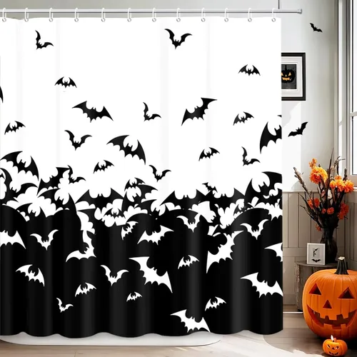 Miniatura 2 de MEHOFOND Cortina de ducha de murciélagos espeluznantes para Halloween, diseño de murciélago volador, cortina de baño decorativa de Halloween