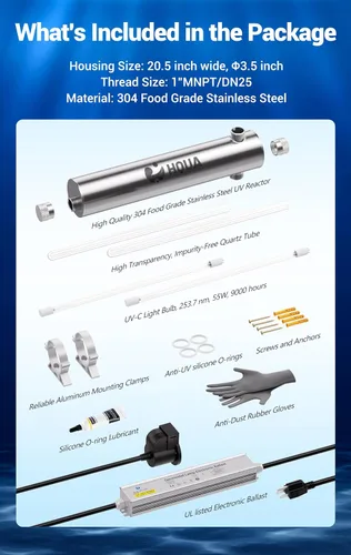 Miniatura 3 de HQUA-TWS-121 120 V 55 W 12 GPM 1" MNPT Entrada/Salida, Filtro Purificador de Agua Ultravioleta para Toda la Casa, + 1 Bombilla UV Extra, + 1 Manga