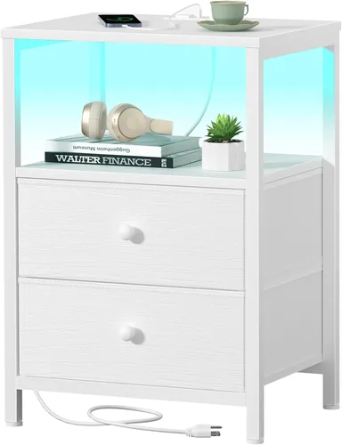 Miniatura 13 de BOLUO Cómoda alta con cajones, mesita de noche blanca con estación de carga y luz LED, cómoda pequeña de 4 cajones en blanco para dormitorio