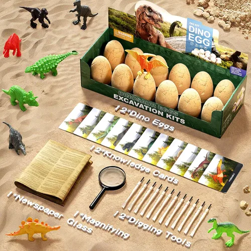 Miniatura 8 de Uregoio Kit de Excavación de 12 Huevos de Dinosaurio Juguetes para Niños, Kit de Excavación Sorpresa de Huevos de Dinosaurio con Lupa, Regalos