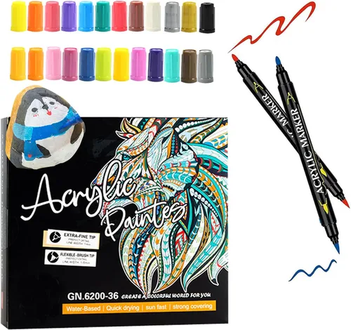24 bolígrafos de pintura acrílica de doble punta con punta de pincel y marcador de pintura de punta fina GN6800 a base de agua para pintura de