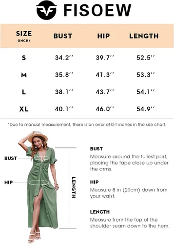 Miniatura 6 de Fisoew Vestido de verano con botones para mujer, vestido largo de manga corta abombada, cuello en V profundo, vestido largo