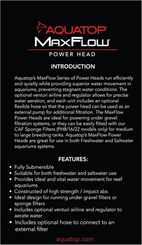 Miniatura 5 de Aquatop MaxFlow 211 GPH - Cabezal sumergible para acuario - Bomba de agua de alto rendimiento - Silencioso y eficiente - Ideal para acuarios de agua