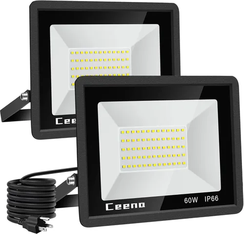 Ceena paquete de 2 luces LED de inundación enchufables de 60W para exteriores, foco LED superbrillante de 6000lm con cable de 1.8 m, luz de trabajo