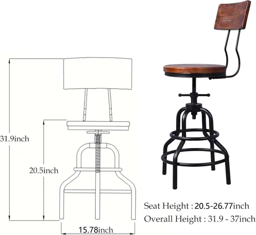 Miniatura 3 de Taburete de mostrador industrial vintage, silla giratoria ajustable de altura de encimera de cocina, taburete con marco de metal, 20.47-26.77