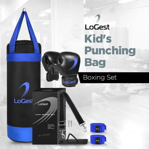 Miniatura 8 de LoGest Juego de saco de boxeo para niños, adecuado para sacos de boxeo para niños de 3 a 8 años de edad, guantes de boxeo y vendas de mano Azul