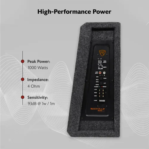 Miniatura 5 de Rockville RWS10CA 1000W 10" Caja amplificada de subwoofer para automóvil, 4 ohmios, diseño delgado, amplificador integrado, control remoto de graves