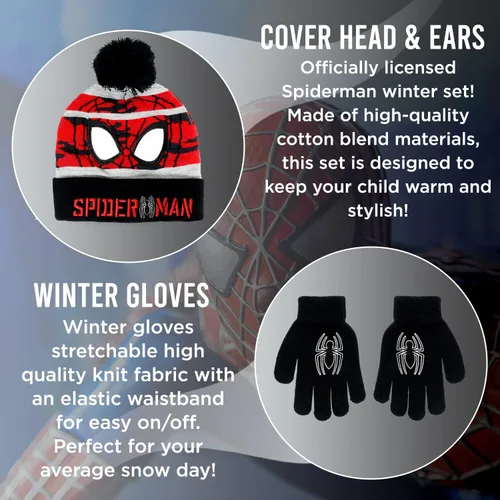 Miniatura 2 de Marvel Spider-Man - Gorro de invierno y guantes de nieve para niños y niños pequeños, juego de 2 piezas, gorro con pompones y guantes cálidos