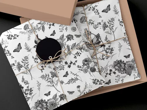 Miniatura 5 de Whaline 100 hojas de papel de seda floral negro vintage chinoiserie Toile flor pájaro mariposa papel de regalo para bricolaje, manualidades