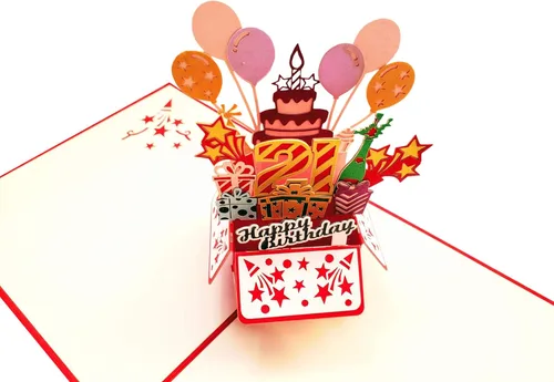 Miniatura 3 de iGifts And Cards Tarjeta desplegable 3D de cumpleaños 21 – Caja de fiesta roja de moda sorpresa con globos, regalos y vibraciones de alegría