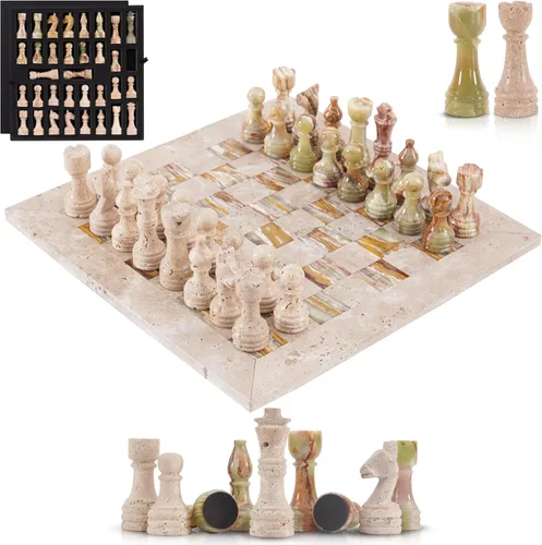 Miniatura 11 de Juego de ajedrez de mármol para adultos de 15 pulgadas, hecho a mano, juegos de ajedrez negro y travertino con caja de almacenamiento, juego