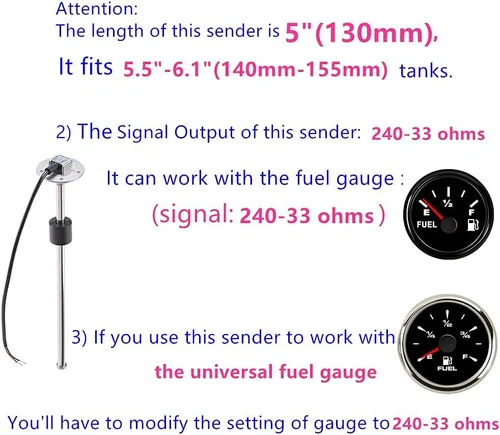 Miniatura 5 de 100TECH - Unidad Marina de sensor e indicador para nivel de combustible, gas, agua para lancha, vehículo, camión, caravana, 240-33 ohm, 5.11 pulgadas