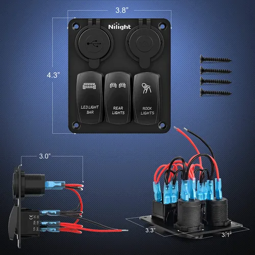 Miniatura 6 de Nilight Panel de Interruptor Basculante de 3 Posiciones con Cargador USB y Encendedor de Cigarrillos 12V 24V Barra de Luz LED Toggle Luces Traseras