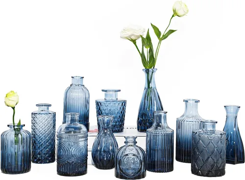 TBWIND 12 piezas de jarrones de vidrio azul para brotes, jarrones pequeños para flores, perfectos para centros de mesa en fiestas, baby showers,