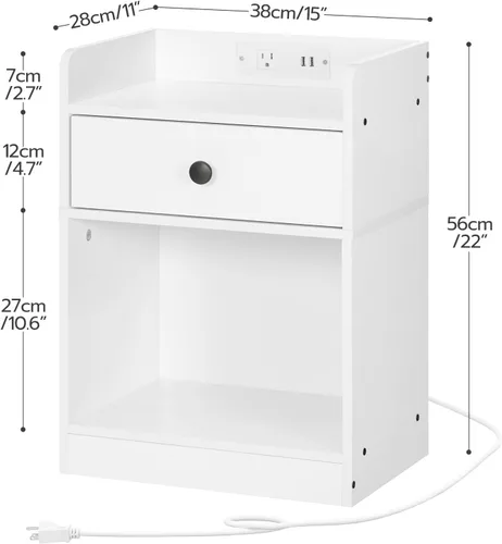 Miniatura 3 de HOOBRO Mesita de noche con estación de carga, mesa auxiliar con cajón y estante de apertura, mesita de noche con puertos USB y tomas, mesita