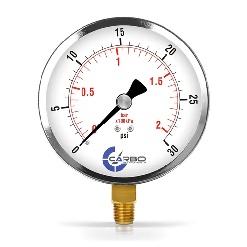 Miniatura 17 de Manómetro de vacío seco de 0 a -30 inHg, dial de 4", montaje inferior de 1/4 NPT, caja de acero cromado, piezas humedecidas de latón, doble escala