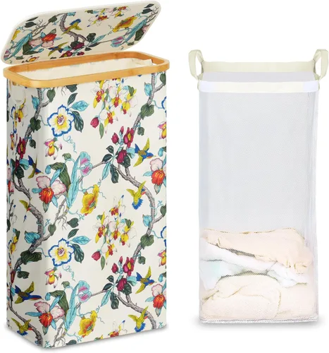 Miniatura 30 de efluky Cesta de lavandería con tapa y bolsa extraíble, cesta de lavandería de 100 litros de alto con asas de bambú, papelera estética para ropa Gris