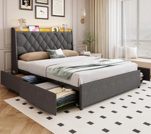 Miniatura 17 de Marco de cama completa con 4 cajones y cabecera de almacenamiento, marco de cama de plataforma tapizada tamaño completo con luces LED y práctica