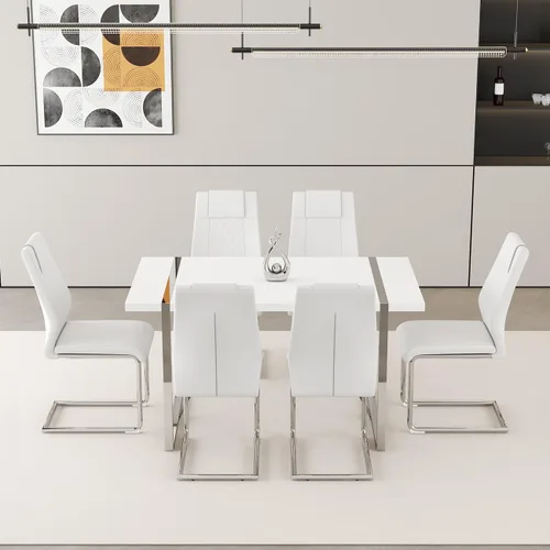 Miniatura 7 de Juego de mesa de comedor moderna de 55 pulgadas para 4, mesa de comedor negra y marco de metal dorado, mesa de comedor rectangular con 4 sillas