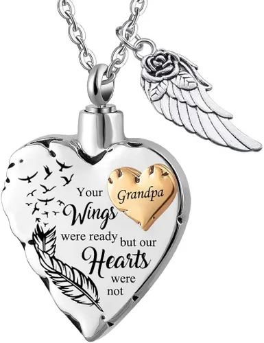 misyou Collar de cremación de corazón para cenizas, joyería de cremación con 12 piedras natales, collar de urna conmemorativa de alas de ángel para