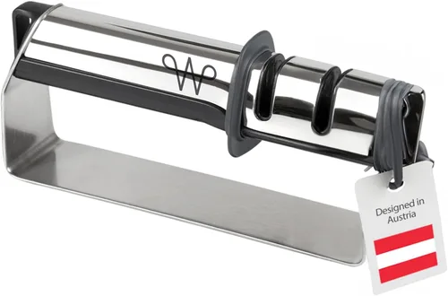 WERTA Afilador de cuchillos de acero inoxidable, afilado de cuchillos de 3 etapas, ideal para cuchillo de chef y cuchillo de cocina, uso zurdo y