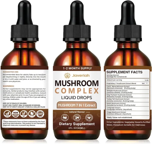 Miniatura 8 de Suplemento de gotas líquidas complejo de hongos – melena de león, shiitake, trompeta rey, cola de pavo, reishi, cordyceps y chaga, tintura vegana 7