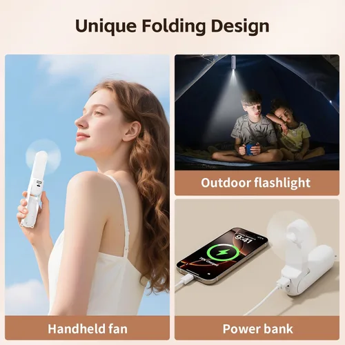 Miniatura 4 de Morelax Portable Fan, Mini Handheld Fan with Power Bank, Cute USB Rechargeable Pocket Fan, Foldable Small Cooling Fan with LED Light, Personal Negro