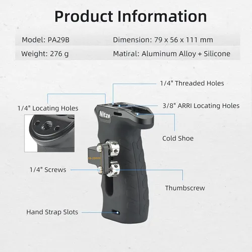 Miniatura 2 de Nitze Mango lateral ergonómico con tornillos de 1/4 pulgadas, ajustable arriba/abajo e izquierda/derecha, mango lateral de aluminio de goma