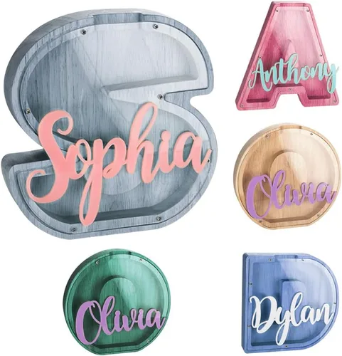 Miniatura 7 de callie Hucha personalizada con múltiples fuentes con texto multicolor grabado, caja de dinero personalizada de madera con inicial para niños