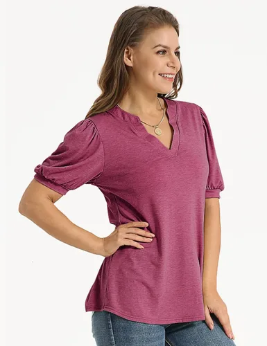 Miniatura 3 de YESNO Camisas de manga corta para mujer, estilo casual, cuello en V, blusas elegantes de manga abombada, TY0