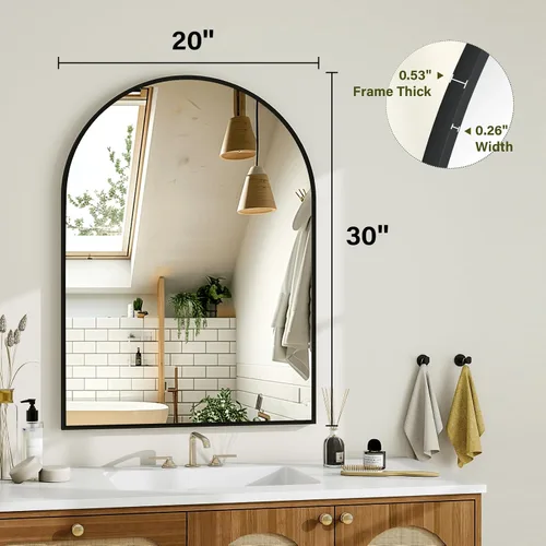 Miniatura 5 de Espejo de Baño con Arco, Espejo de Baño Arqueado de 20x30 pulgadas/Espejo de Tocador Montado en la Pared - Espejo de Pared con Marco de Metal Negro