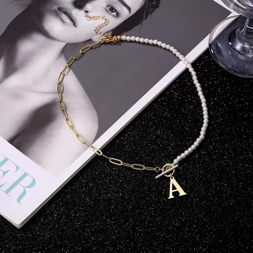 Miniatura 5 de Collar de perlas con inicial de oro para mujer, chapado en oro de 14 quilates, collar de cadena de eslabones con clip, collar con cierre de palanca